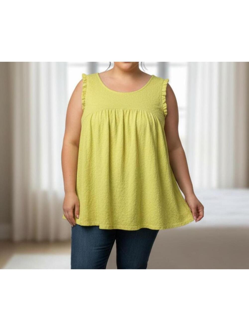 TOP Time and True Plus Size XXL Yellow Sleeveless Ruffle Trim Top
